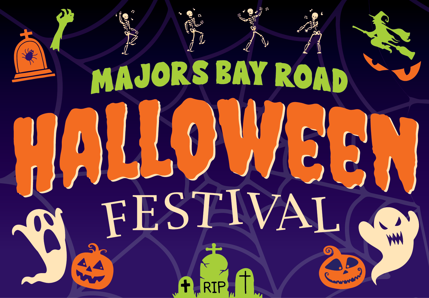 Majors Bay Road Halloween Festival text on purple background