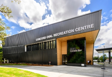 The front facade of the Concord Oval Recreation Centre building.