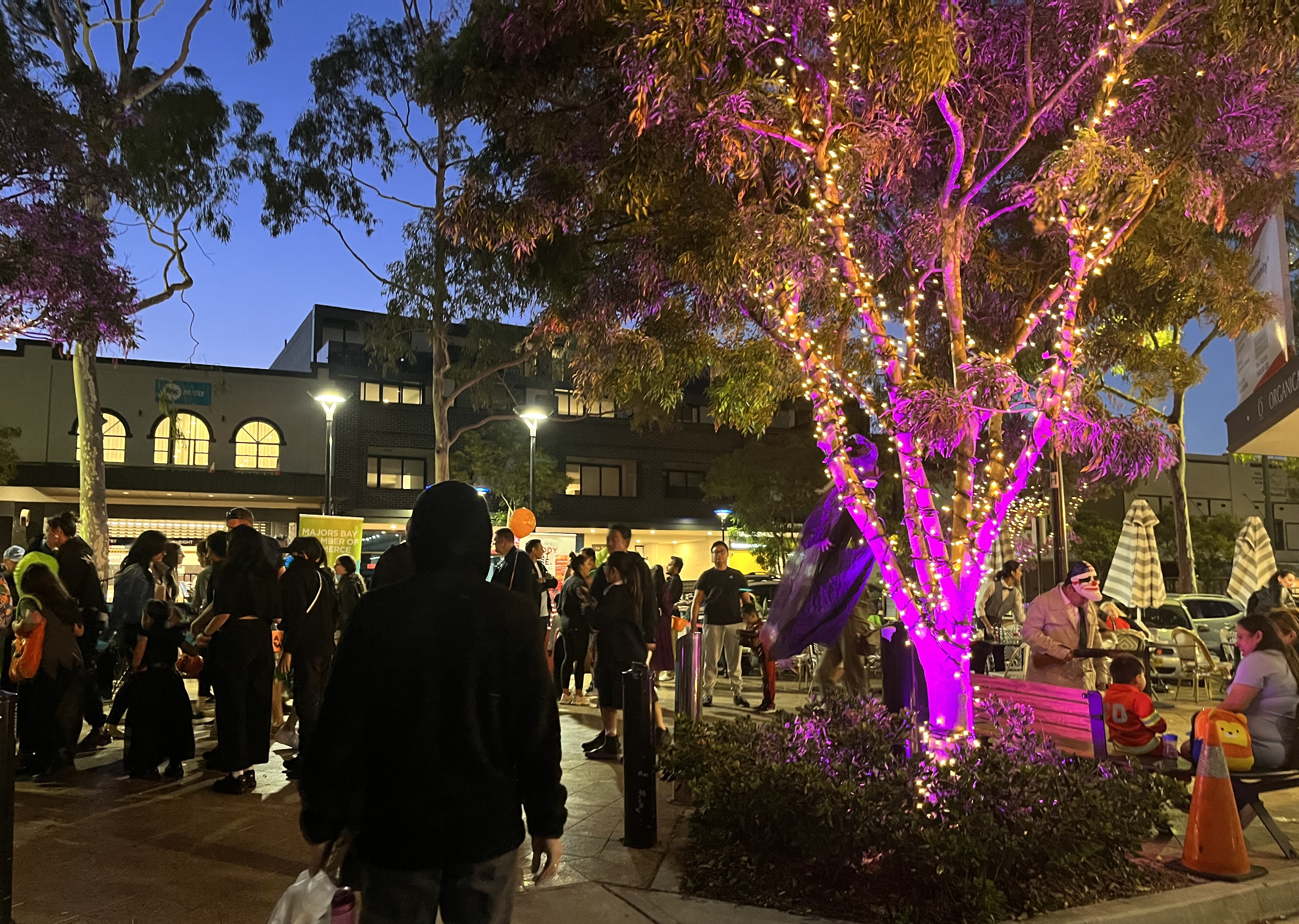 Peter Woods Place at Night with Lightup Tree and Crowd