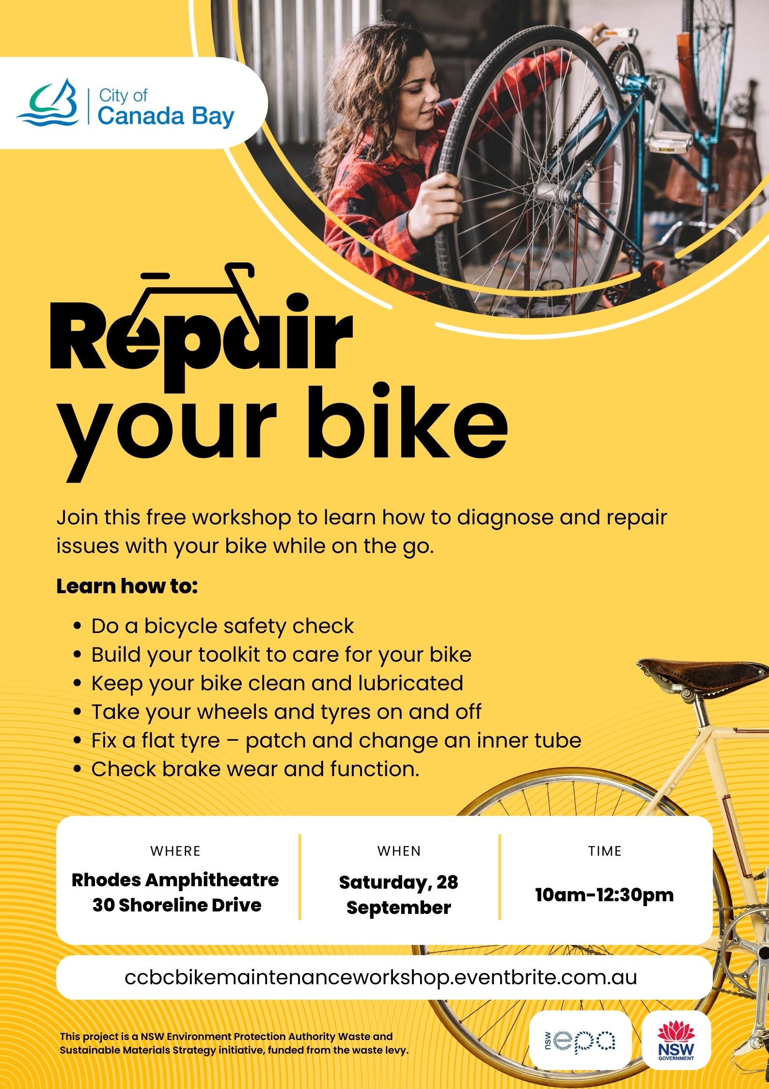 Yellow poster showing bike and bike maintenance workshop details.