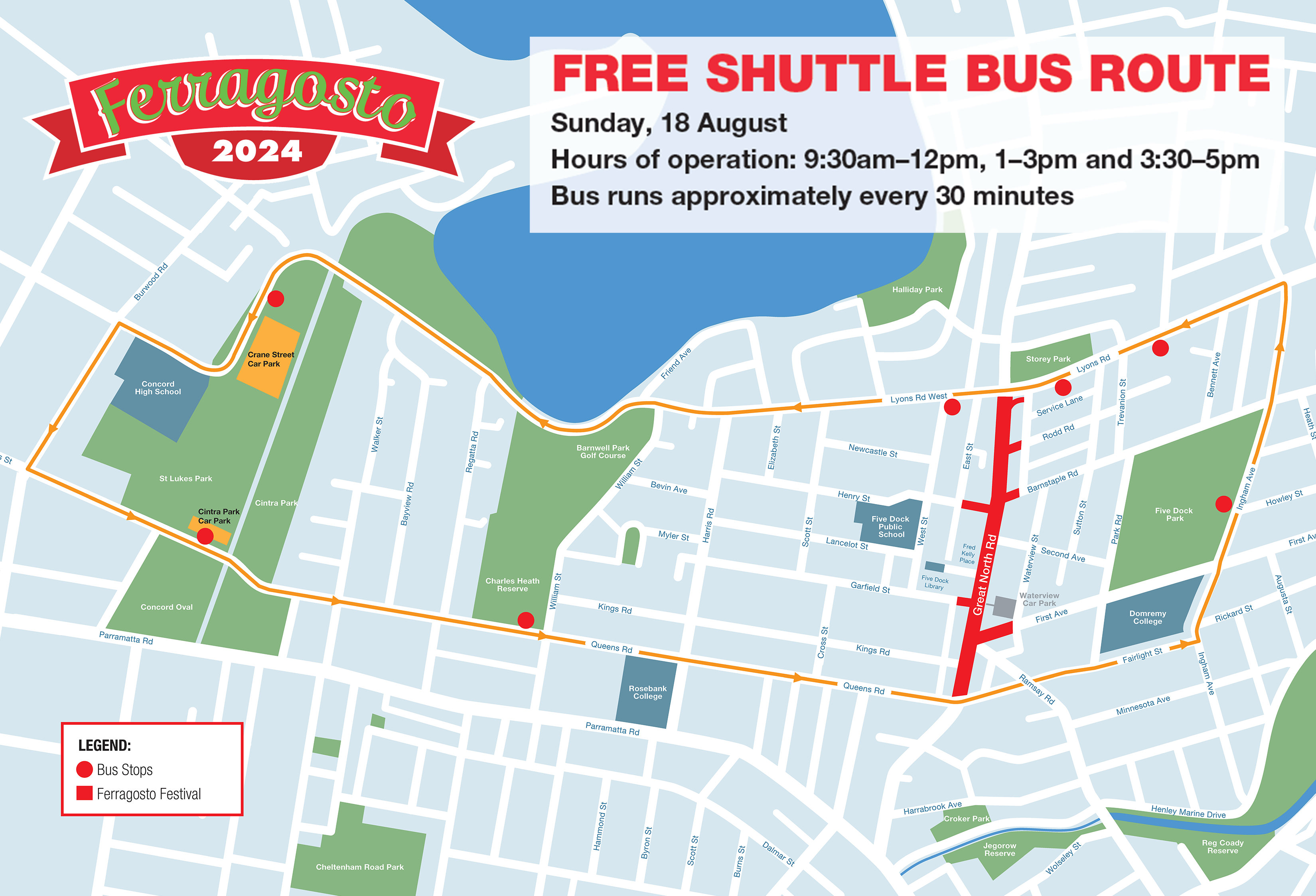 Shuttle bus map showing route of free shuttle bus for 2024