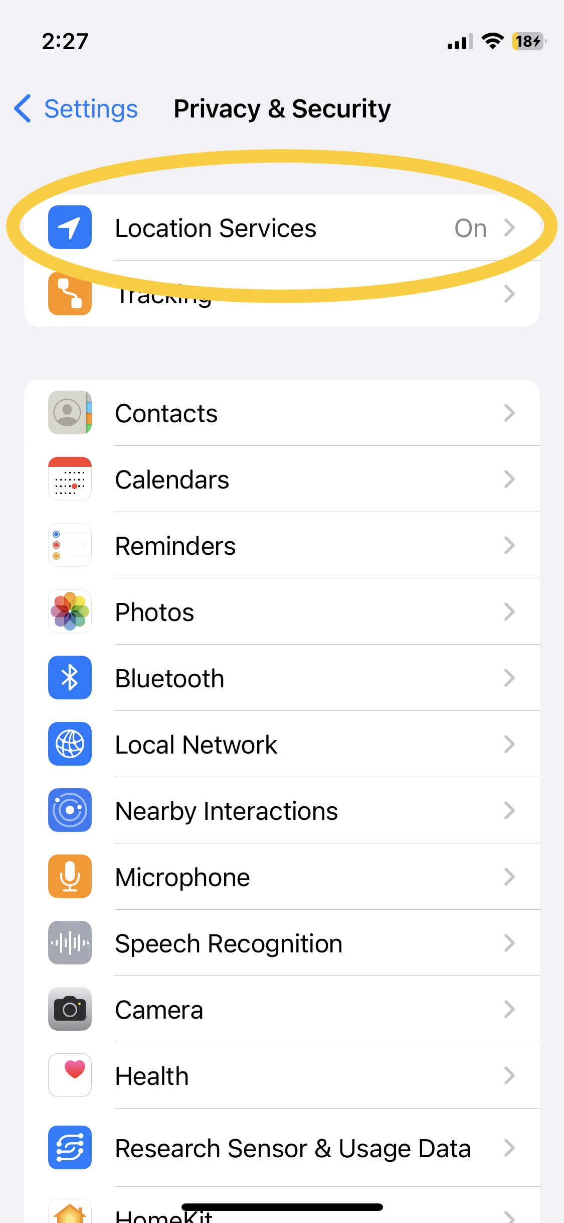 IPhone screenshot showing Privacy & Security Settings