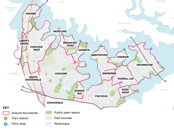 A map of the City of Canada Bay. Labelling suburbs from Left to Right reading: Rhodes, Liberty Grove, North Strathfield, Concord West, Strathfield, Concord, Mortlake, Breakfast Point, Cabarita, Canada Bay, Abbotsford, Five Dock, Wareemba, Chiswick, Russell Lea, Rodd Point and Drummoyne.