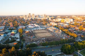 Aerial of construction at the new Concord Oval precinct