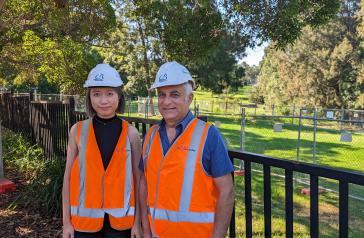 City of Canada Bay Mayor, Michael Megna with a City of Canada Bay staff member at the new Brett Park playground site. 