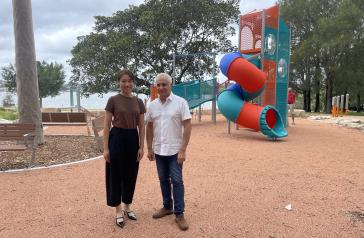 Mayor Michael Megna with CCB Staff Member at new McIlwaine Park Playground